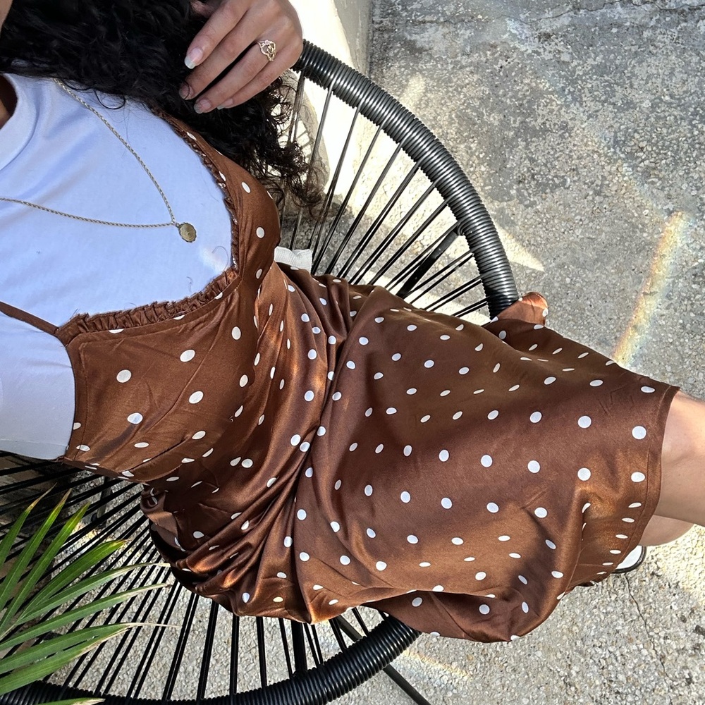 Brown Satin Dress w/ White Polka Dots